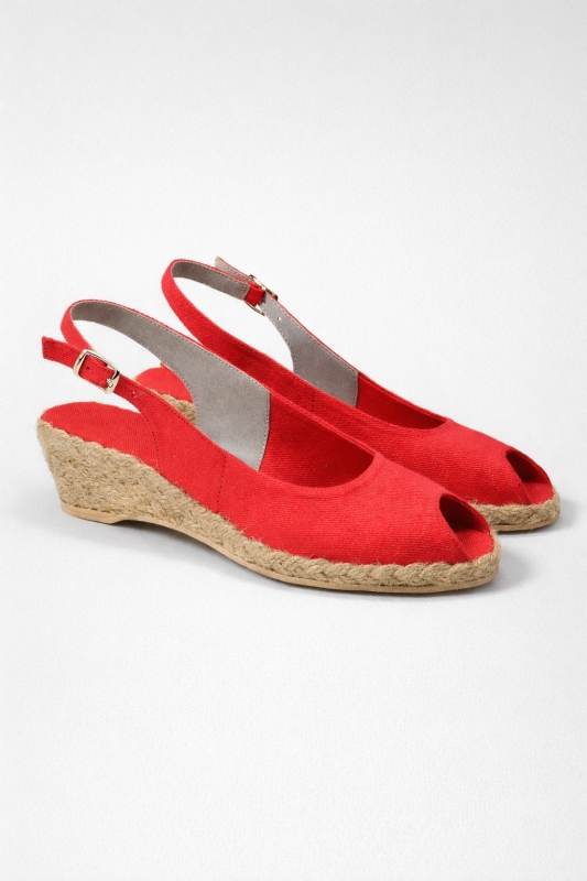 Espadryle czerwone na niskim koturnie odkryta pięta i palce